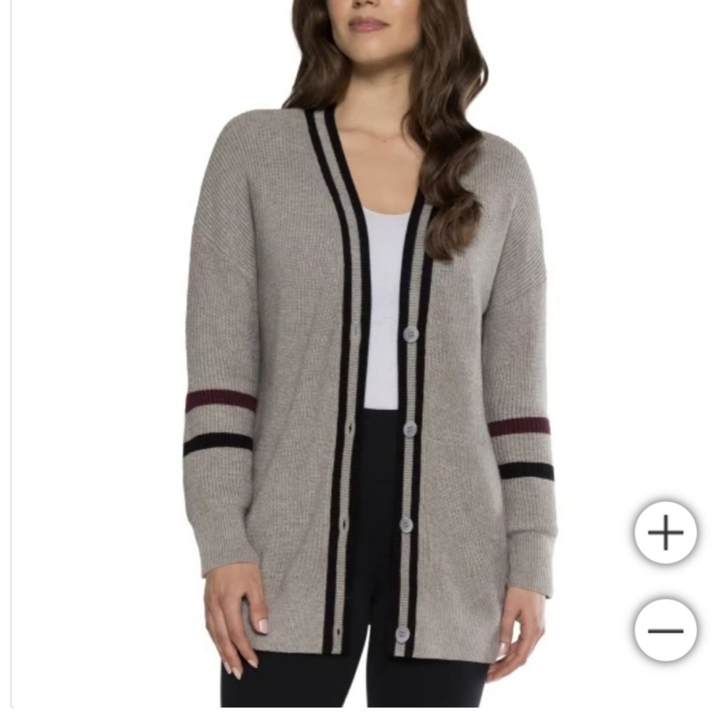 Matty M Gray Cardigan with Black and Burgundy Stripes